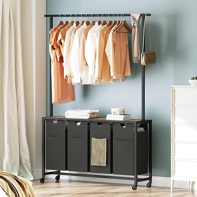 YATINEY Laundry Sorter 4 Section, Rolling Laundry Hamper with Hanging Rack, Laundry Sorter with Wheels, Hampers for Laundry, Laundry Basket Organizer for Laundry Room, Rustic Brown LS47BR