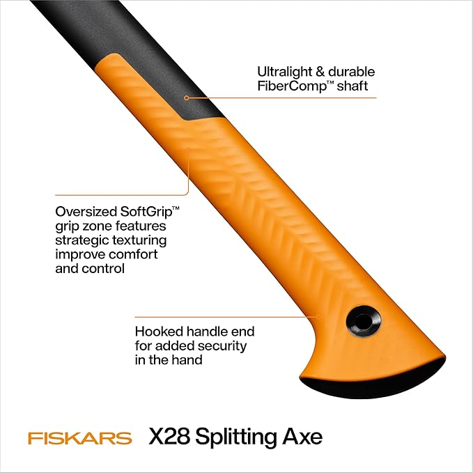 Fiskars X28 Splitting Axe 28", Forged Steel Blade for More One-Strike Splits on Medium Logs, Shock-Absorbing FiberComp Handle & Low-Friction Coating for Easy Removal & Rust Protection