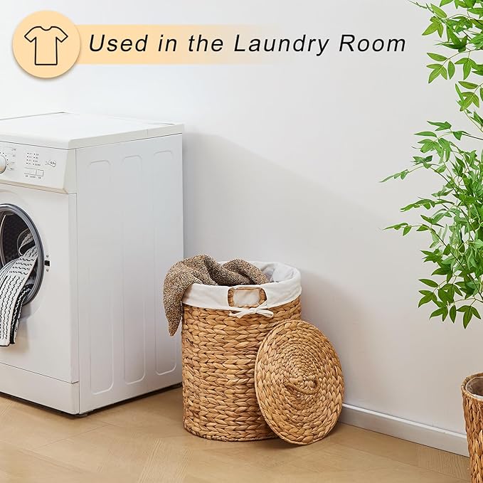 Round Water Hyacinth Laundry Hamper with Lid Handwoven Wicker Basket with Handles for Dirty Clothes, Storage, and Organization, No Assembly Required, 40L