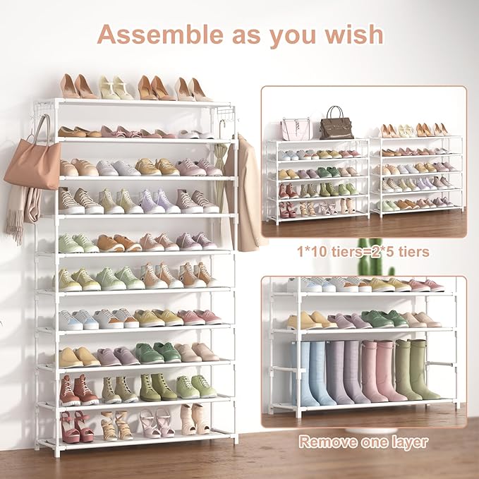 LANTEFUL 10 Tiers Shoe Rack 50 Pairs Large Capacity Tall Shoe Organizer Sturdy Shoe Storage with Two Hooks Space Saving Metal Wide Shoe Rack for Closet, Entryway, Bedroom, White