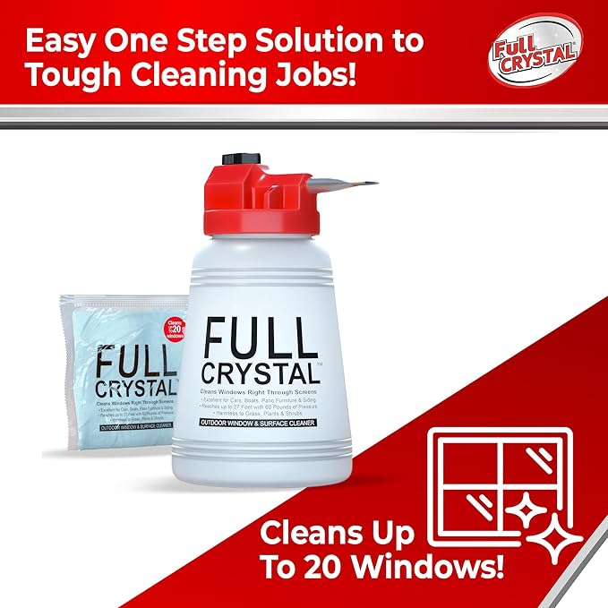 Full Crystal Window Cleaning Kit – 4 oz Glass Cleaner and Bottle with 27 ft Reach, Makes Up to 640 fl oz, Cleans Up to 20 Windows, Scrub-Free, Rinse-Free