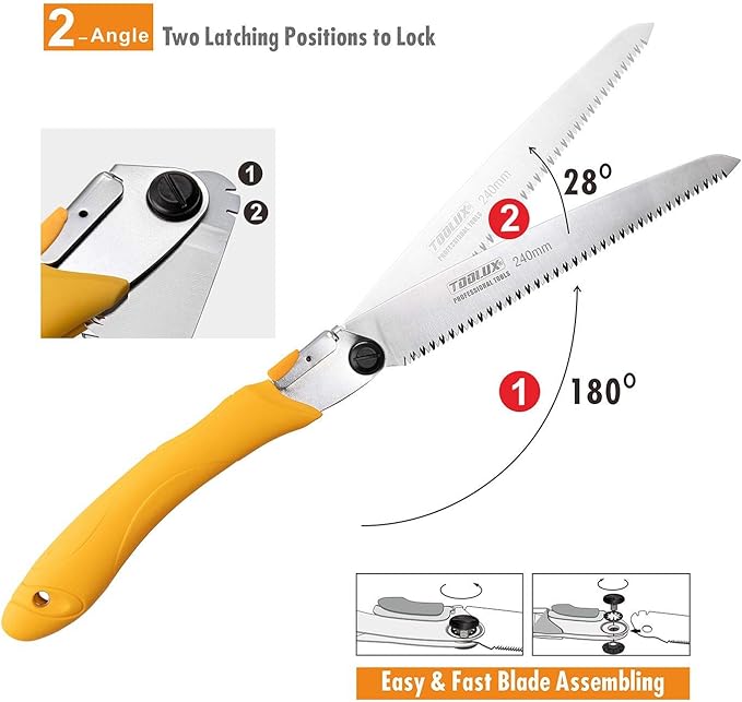 Toolux Folding Saw,9.45 Inch Hand Saws for Wood Camping, Large Dry Wood Pruning Saws With Hard Teeth, Quality SK-5 Steel Compact Design with Non-Slip Ergonomic Handle for Outdoor Use,9.45Inch-Yellow