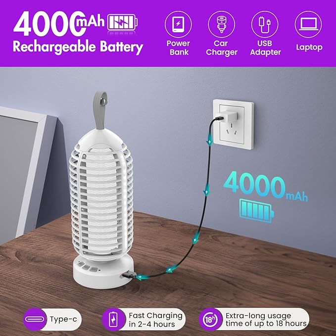 Bug Zapper Outdoor with Colorful Lighting and Auto-Sensing, 3 in 1 Cordless 4000mAh Battery Electric Fly Trap, Rechargeable Mosquito Zapper for Camping, Patios, Garden, Kitchen (2Pack-White)