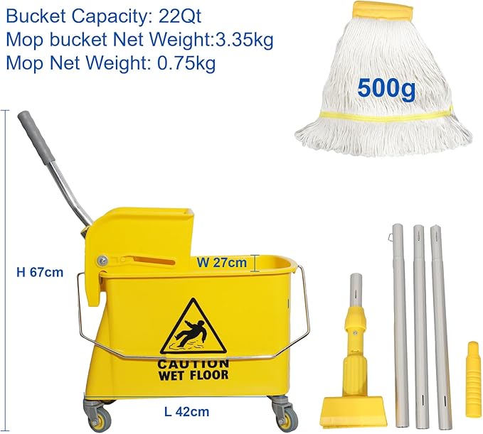 Mop Bucket with Wringer, 22 Qt (5.5 Gallon), Handle, Wheels,Floor Cleaning, 16.5" L x 10.6" W x 26.4" H, Yellow,Add One Cotton Mop