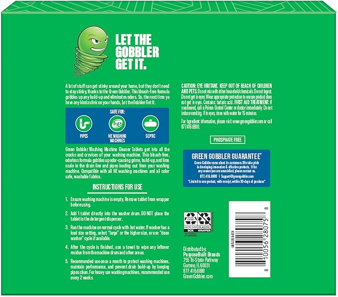 Green Gobbler Premium Washing Machine Cleaner & Deodorizer Tablets with Pipe, Drain & Hose Clean Technology | Front & Top Load Washers | 28 Count