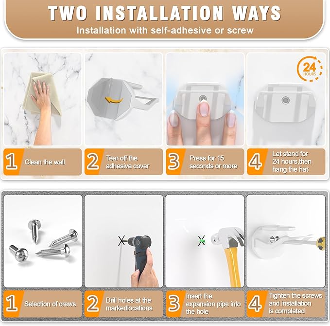 36 Pack Adhesive Hat Hooks for Wall, Super Strong Hat Rack for Baseball Caps, Hat Organizer Display for Home Decor, Hat Hangers Holder for Wall, Door, Closet, No Drilling - USA Patented (White)