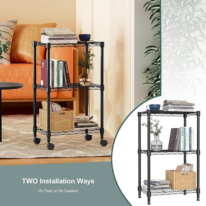 M MZG 3 Tier Shelf Metal Storage Shelves Wire Rack Closet Organizers with Wheel for Garage Kitchen Bathroom Laundry Black 11.8" D x 17.7" W x 29.8" H