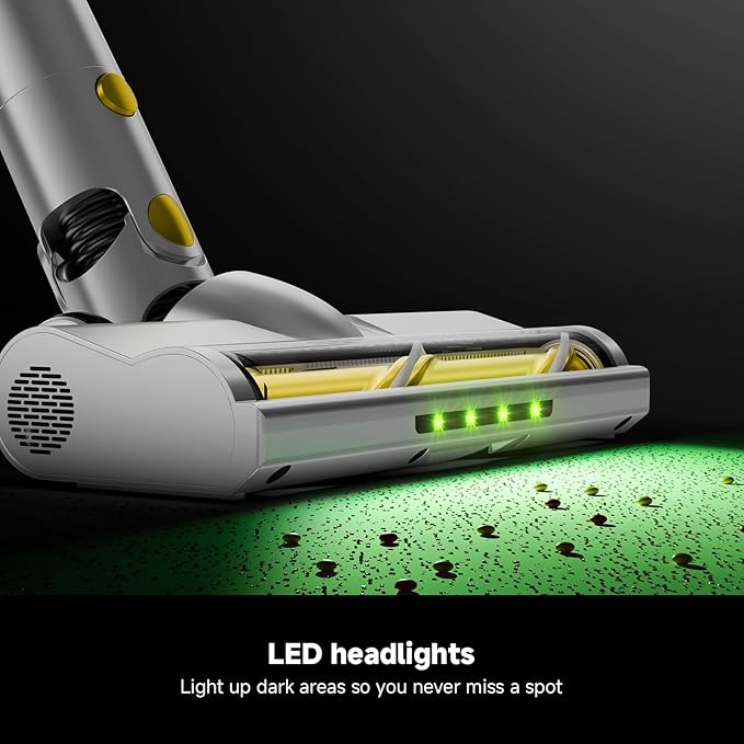 Honki Cordless Vacuum Cleaner for Home, Powerful Stick Vacuum with Rechargeable Battery, Green Light Anti-Tangle Brush, 6-in-1 Lightweight Handheld Vacuum for Pet Hair, Hard Floor, Carpet, Yellow