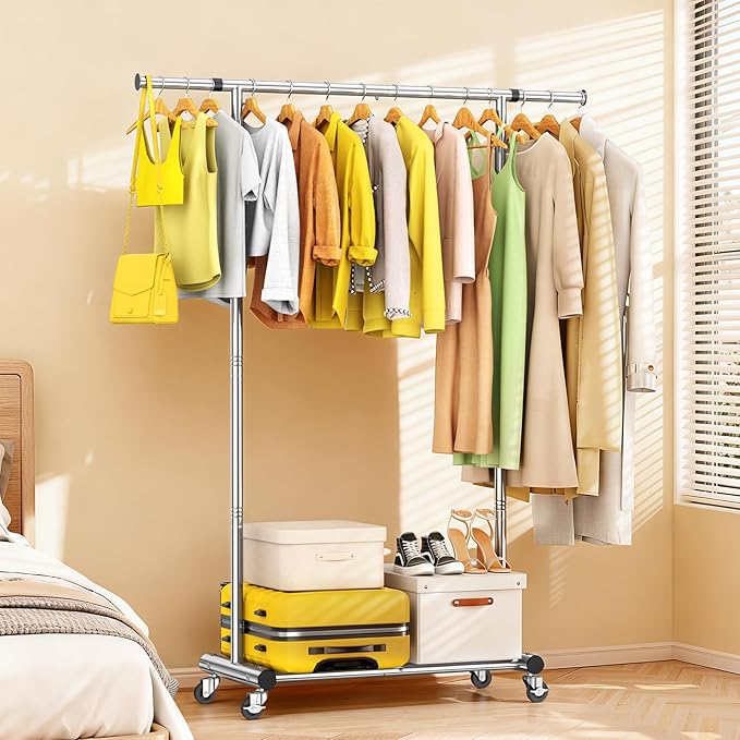 Clothes Rack for Hanging Clothes, Sturdy Stainless Steel Clothing Rack, Portable Garment Rack with Extendable Hanging Rod, Adjustable Rolling Coat Rack with Anti-Slip Wheels for Home Conmercial Store