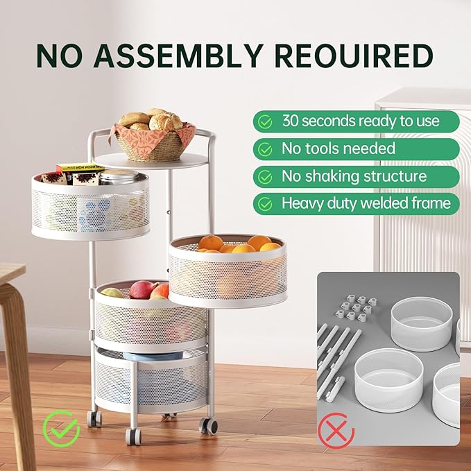 JAQ Rotating Storage Carts No Assembly, 4-Tier Round Storage Basket Rack Shelf Organizer on Rolling Wheels for Fruit Vegetables Grocery Corns Potato Onion Snack in Kitchen Pantry (4-Tier, White)