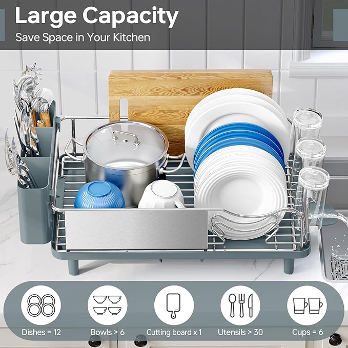 Stainless Steel Dish Drying Rack - Large Capcity 304 Grade Dish Drainer for Kitchen Counter with Drain Board, Utensil Holder & Detachable Cup Shelf, Rustproof Multifunctional Organizer, Green