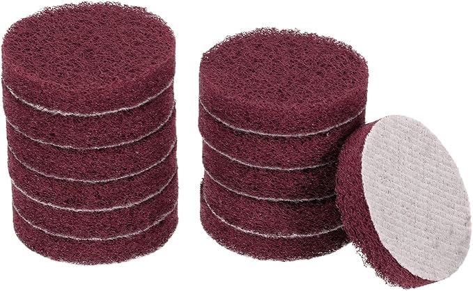 HARFINGTON 12pcs Scrubber Scouring Pads 500 Grits 2 Inch Drill Power Brush Hoop and Loop Surface Conditioning Disc Drill Scuffing Disc Scrub Pads for Home Kitchen Cleaning, Dark Red