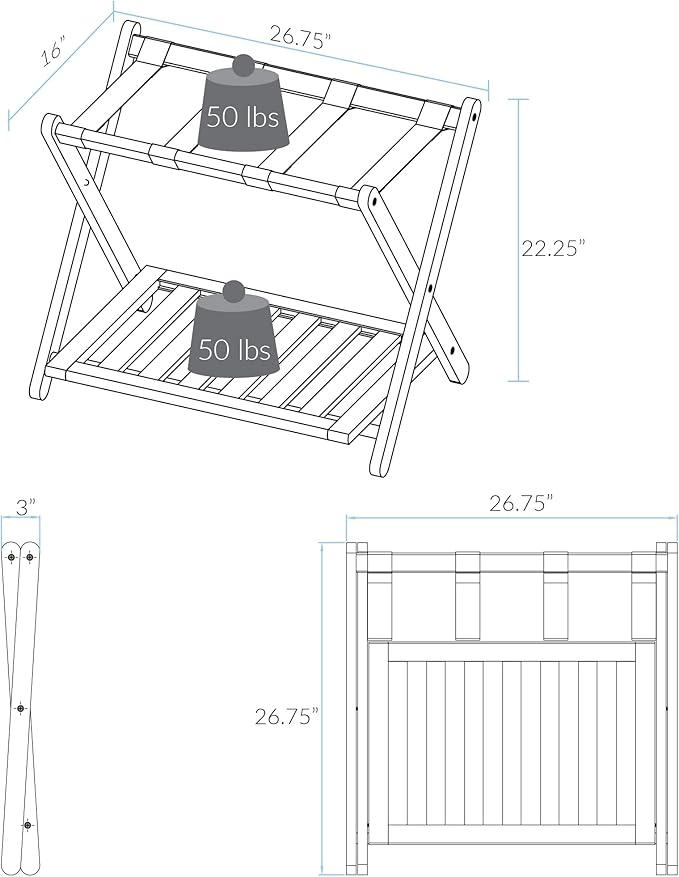 Casual Home Foldable Solid Wood Fully-Assembled Luggage Rack, 26.75"Wide with Shelf, Honey Oak