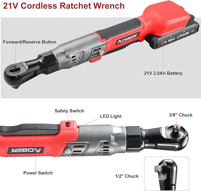 AOBEN 21V 1/2" Cordless Ratchet Wrench Kit-74 Ft-lbs Brushless Electric Power Ratchet with Variable Speed, 2X2000mAh Lithium-Ion Battery, Charger, 8 Sockets, 1/4" & 3/8" Adaptors, 3" Extension Bar