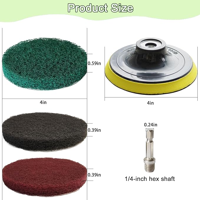 4 Inch Drill Brush Attachments for Cleaning Household Drill Brush Scrubber for Bathroom & Kitchen with Disc Pad Holder and Adapter，9 Scouring Pads（3 Different Stiffness） 11Pcs