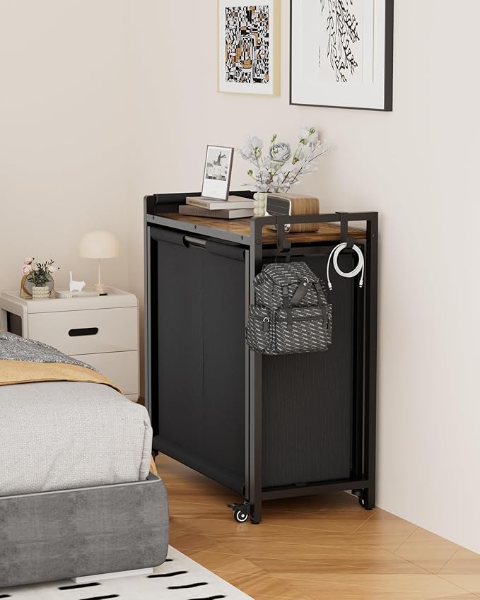 Laundry Sorter 2 Section: Laundry Hamper Basket with Shelf and Wheels - Rolling Laundry Basket Organizer with Pull-Out Cart - Clothes Hamper for Laundry Room Bathroom Bedroom