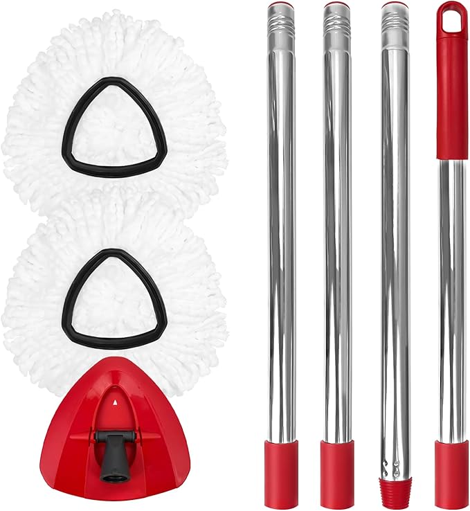 Spin Mop Replacement Set for O-Ceda EasyWring 1-Tank System, Includes 2 Mop Head Replacement, 1 Mop Handle (30-58in Adjustable 4-Section Pole), 1 Spin Base