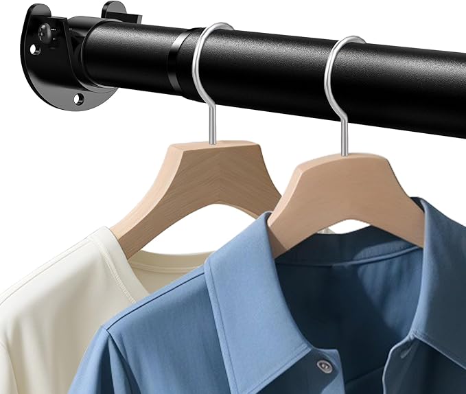 Closet Rod 17-84 IN, Heavy Duty Closet Rods for Hanging Clothes, Adjustable Closet Rods for Wardrobes Storage Laundry RV Bathroom, Easy Install, Black
