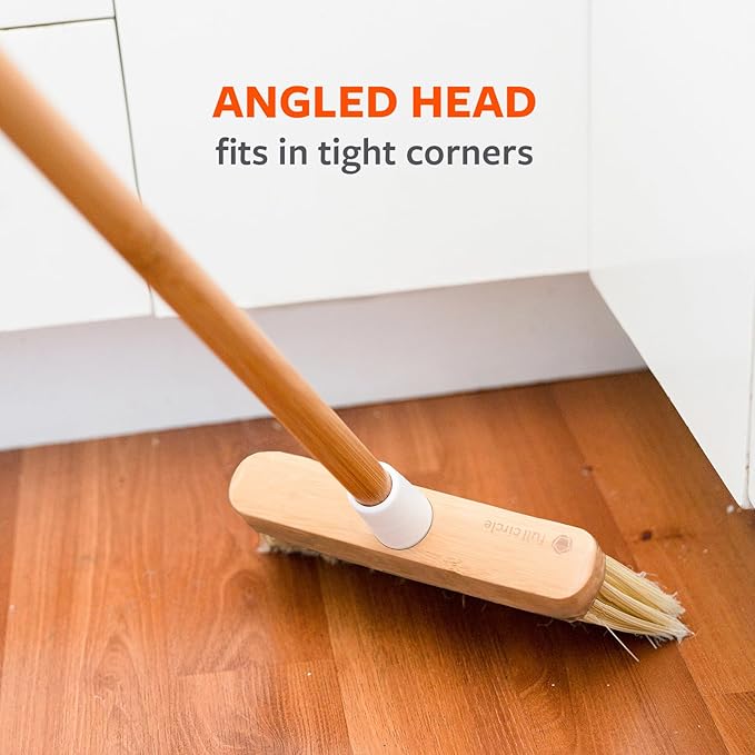 Full Circle Clean Sweep - Bamboo Broom - Angled for Precision in Tight Spaces, with Stiff Flagged Bristles for Indoor & Outdoor Cleaning - Ideal for Pet Hair, Kitchen, Hardwood, and Garage, White