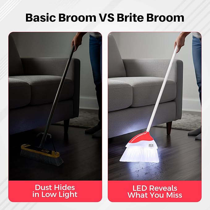 Indoor Broom with LED Lights | Angle Broom for Dark Corners & Low Light Areas | Soft Bristle, Adjustable Long Handle | Floor Sweeper for Kitchen, Room, Office & Garage (White)