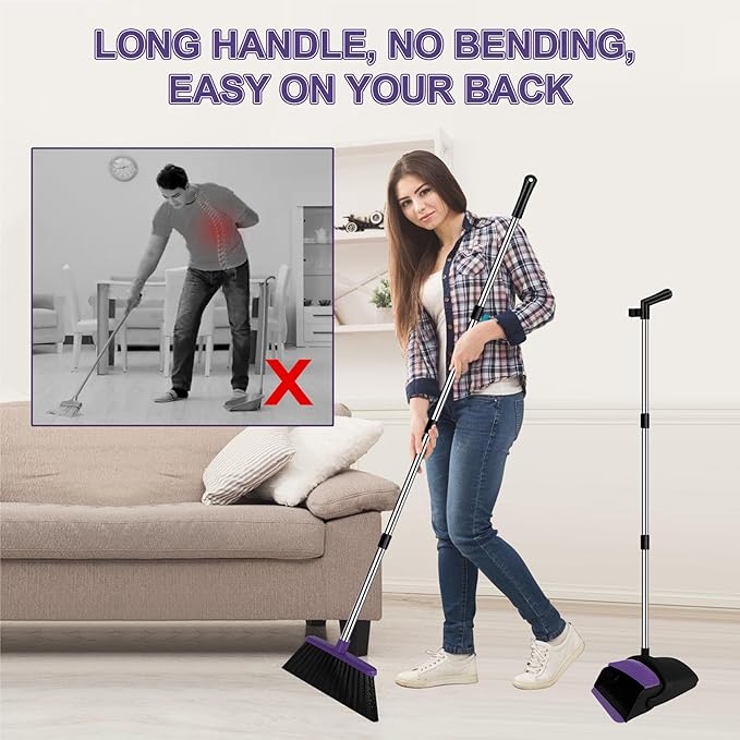 Broom with Dustpan Combo Set and Silicone Air Broom Kit, 51" Long Handle Floor Squeegee, Purple Household Kit for Glass Window Rugs Pet Hair Home