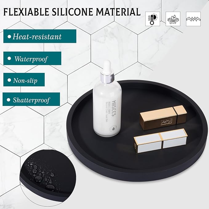 Silicone Bathroom Tray Round Vanity Tray Decorative Soap Holder Kitchen Countertop Organizer Coffee Table Decor for Candle, Perfume, Plant, 10 Inch, Black