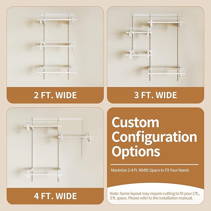 PROWORX 2-4 Ft. Expandable Closet Organizer System Kit, White Custom Metal Wire Shelving, Organization and Storage Shelves Wall Mounted with Hanging Rods