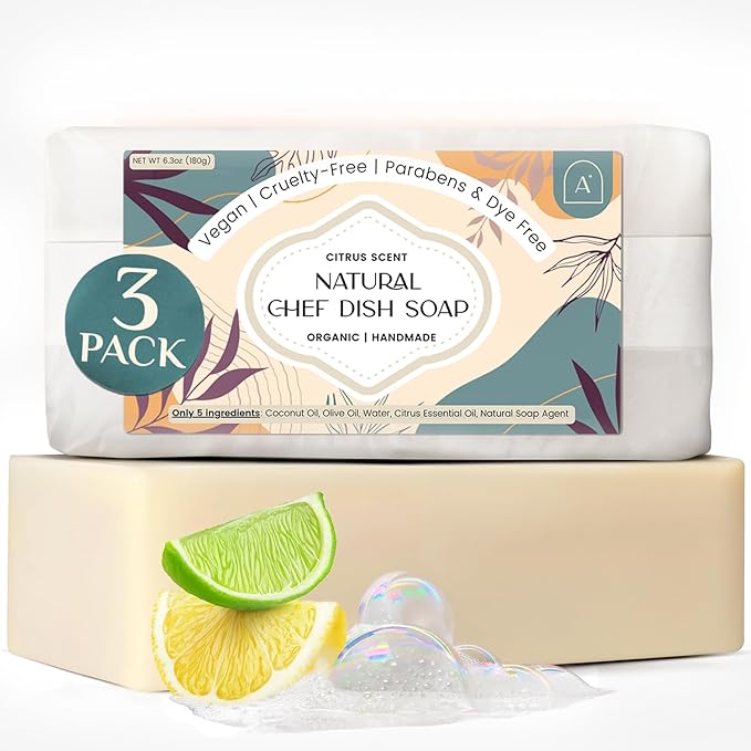 All Natural Dish Soap Bars - Bar Soap for Dishes, Biodegradeable Dish Soap Block, Kitchen Soap, All Natural Non Toxic, Low Waste Kitchen Dishwashing Bar Soap-Citrus Scent (3 Pack, 6.3oz)
