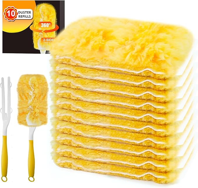 Duster Refill Compatible with Swiffer Duster, Heavy Duty Duster Refills Kit for Cleaning Dusting, Multi Surface 360 Feather Duster, 10 Count Disposable Refills with 1 Handle