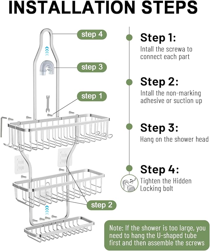Shower Caddy Hanging - Never Rust Shower Hanging Organizer - Aluminum Over the ShowerHead Caddy with Soap Basket and 6 Hooks for Razor/Sponge (Frosted Silver)