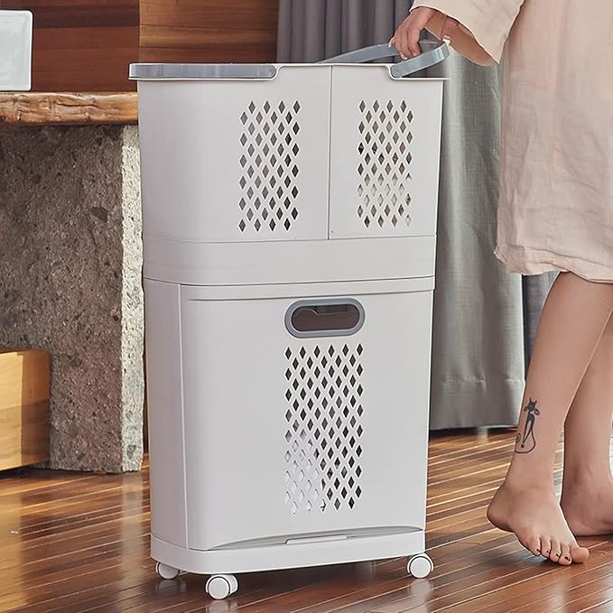 Laundry Basket Organizer Storage Shelf with Frame and Baskets Storage Drawers Unit,Laundry Towel Hamper Cabinet Tower One Part Compartment Sorter Basket(2-Tier,With Wheels)