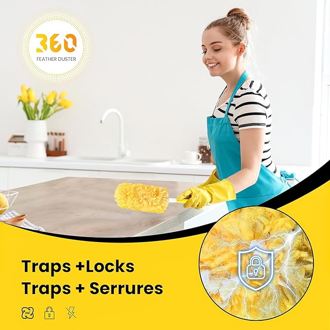 Heavy Duty Duster Refills for swiffer Duster, Disposable Dusters Kit for Cleaning Dusting Furniture Blind Ceiling Fan, Electrostatic Lock-Dust Technology 360 Feather Duster，60 Duster and 1 Handle