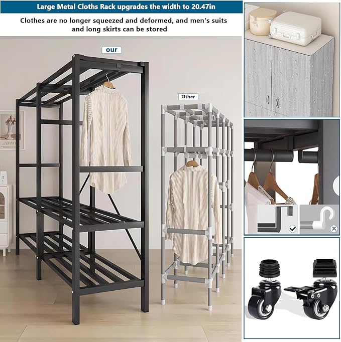 Heavy Duty Covered Clothes Rack with Magnetic Door Foldable Portable Wardrobe Closet for Hanging Clothing Rolling Black Metal Garment Rack on Wheels Closet System (Gray, 49.12in)
