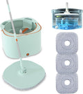 Flat Floor Mop and Bucket System Set with Wringer, Spin Mop and Bucket Separate Clean and Dirty Water with Self Separation for Hardwood, Laminate, Tile, Floor Cleaning, Wet and Dry Use, LightCyan