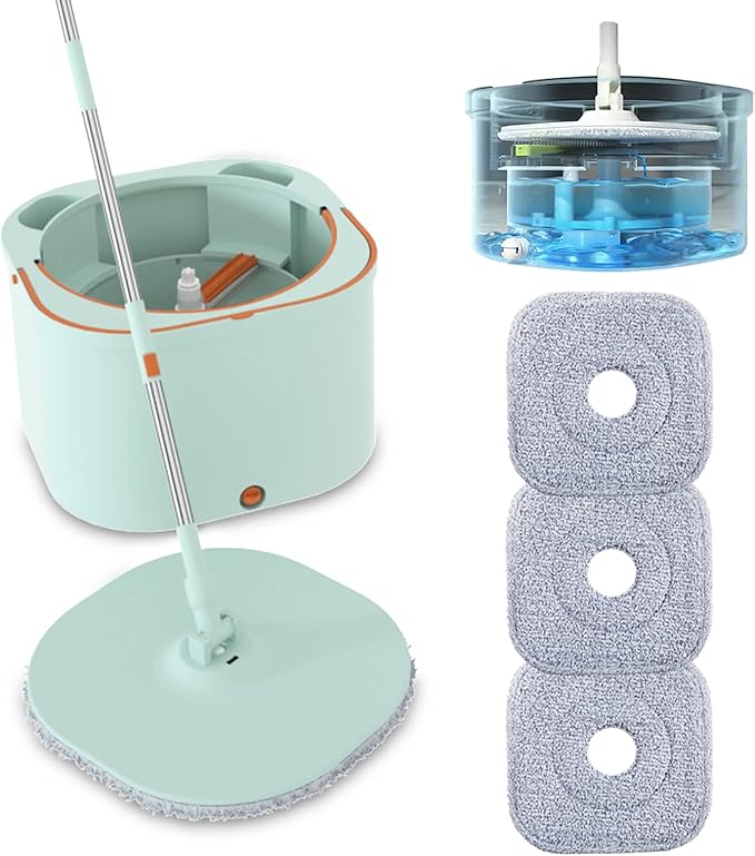 Flat Floor Mop and Bucket System Set with Wringer, Spin Mop and Bucket Separate Clean and Dirty Water with Self Separation for Hardwood, Laminate, Tile, Floor Cleaning, Wet and Dry Use, LightCyan