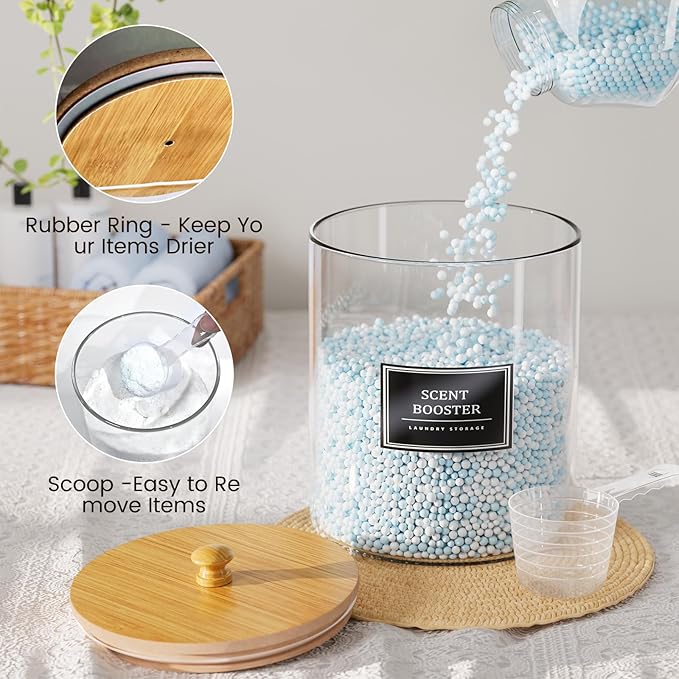3+1 Pack Glass Laundry Pods Container & Acrylic Dryer Sheet Holder, Clear Laundry Room Organization Containers with Bamboo Lids & Labels, Powder Laundry Detergent Container for Scent Booster, Powder