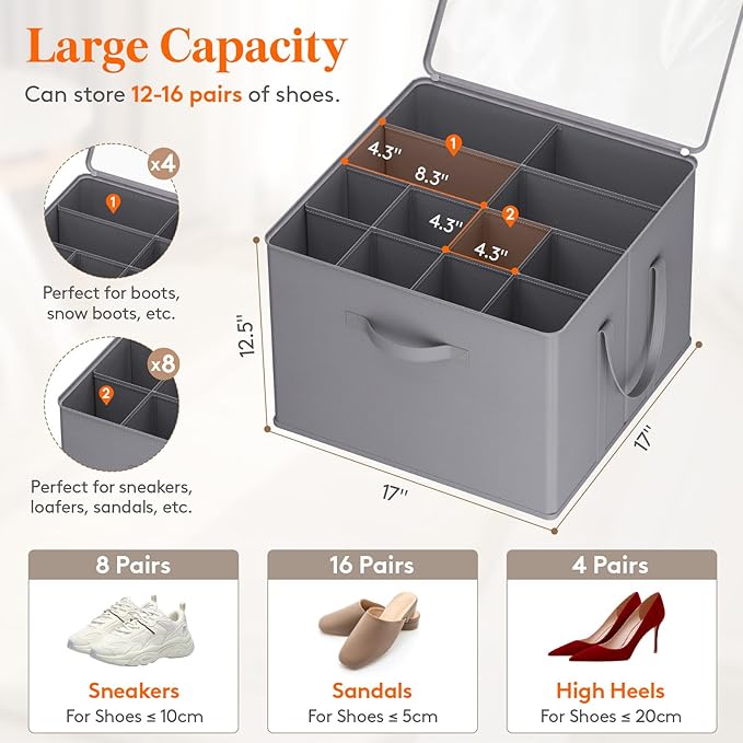 Lifewit Shoe Storage Organizer for Closet, Fabric Large Shoe Box Storage Containers with Clear Cover, Foldable Bins for Boots Heels Sneakers Fits 96-128 Pairs (Each 12-16 Pairs) 8 Pack Gray
