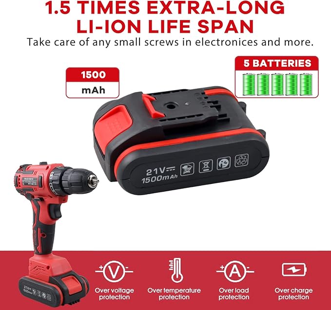 jar-owl 21V Powerful Brushless Motor, 319 In-lb Torque, 0-1350RMP Variable Speed, 10MM 3/8'' Keyless Chuck, 25+1 Clutch, 1.5Ah Li-Ion Battery & Charger for Home Tool Kit