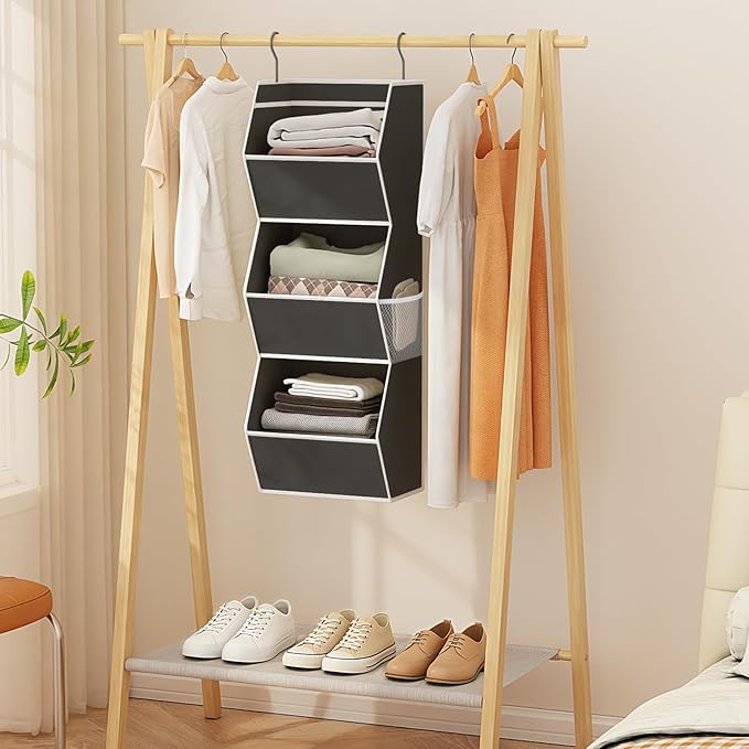 Hanging Closet Organizer 3 Shelf Collapsible Bedroom Closet Organizers and Storage Hanging with Mesh Pocket for Clothes, Closet Hanging Organizers and Storage for Fabric Wardrobe Space Saver, Black