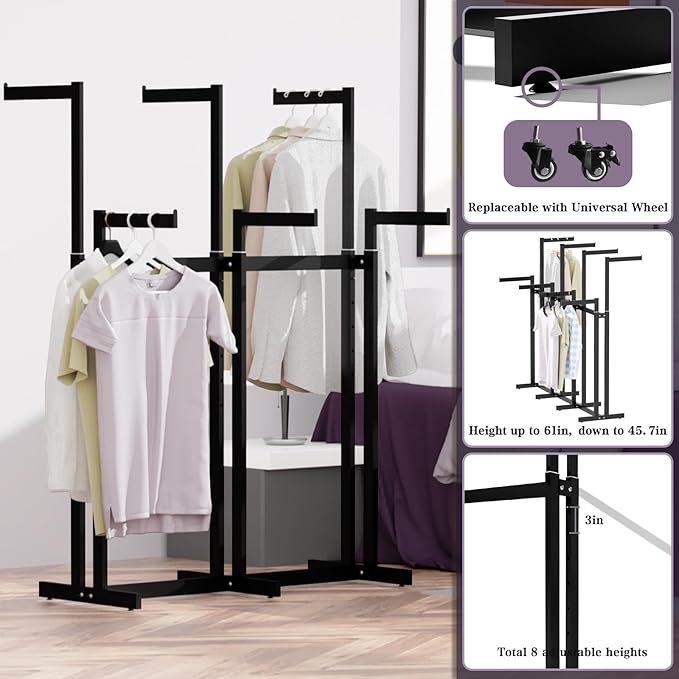 Clothing Racks - Heavy Duty Garment Racks Metal for Retail Display Hanging Clothes, Rolling Black Commercial Clothing Display Rack Stand with Wheels (6 Arm,Black)