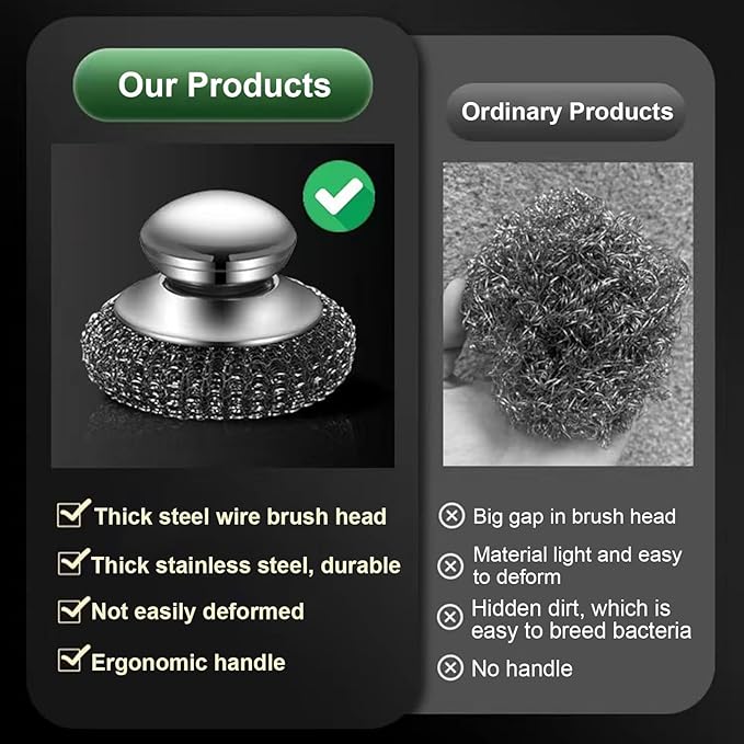 Onewly 2Pack Steel Wool Dish Scrubber, Stainless Steel Dish Brush with Ergonomic Stainless Steel Handle, for Cleaning Dishes, Cast Iron, Stock Pots, Pans, Griddles, Grills