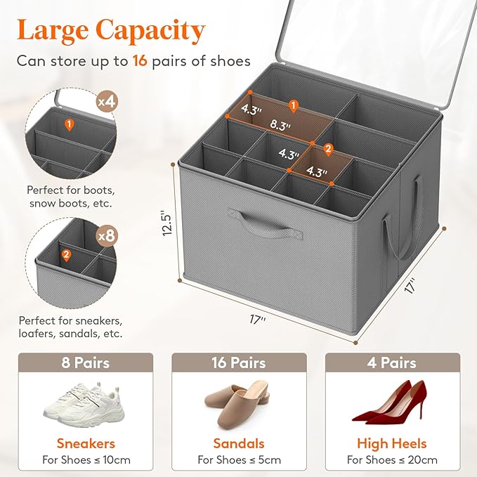 Lifewit Shoe Storage Organizer for Closet, Fabric Large Shoe Box Storage Containers with Clear Cover, Foldable Bins for Boots Heels Sneakers Fits 12-16 Pairs, 1 Pack Light Gray