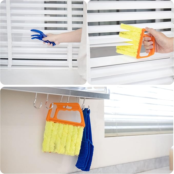 2Pcs Window Venetian 7 Finger Blind Cleaner Duster Tool and 2Pcs dust-Removing Brushes（Orange,Yellow, Blue）