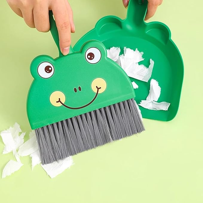 Cute Frog Mini Broom and Dustpan Set, Green Small Dust Pan and Brush Set for Tabletop Desk Keyboard Cleaning, Portable Hand Broom Dustpan for Home Office Dorm Camping