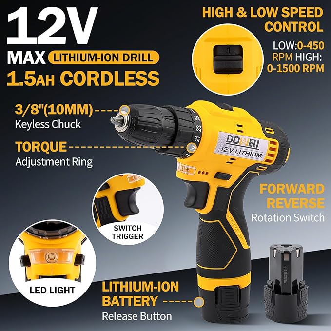 DOWELL 223-Piece Power Drill Tool Set, 12V Cordless Drill Driver Kit with Drawer Toolbox, Socket & Bit Set, Hex Keys, Wrench for Home Renovation, DIY Projects & Garage Use
