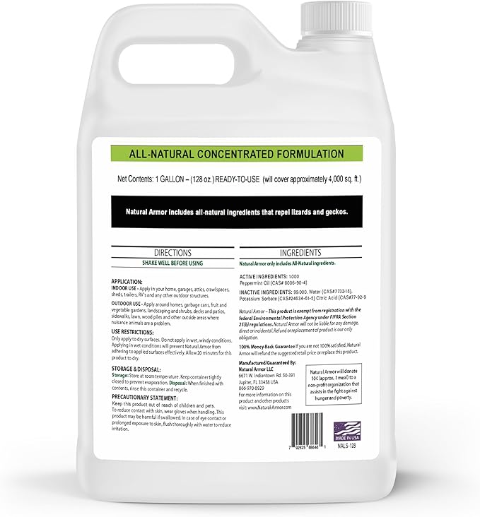 Natural Armor Lizard & Gecko Repellent Spray - Powerful Peppermint Formulation Repels All Types of Lizards & Geckos and Works Better Than Ultrasonic Gimmicks – 128 fl oz - Gallon Ready to Use