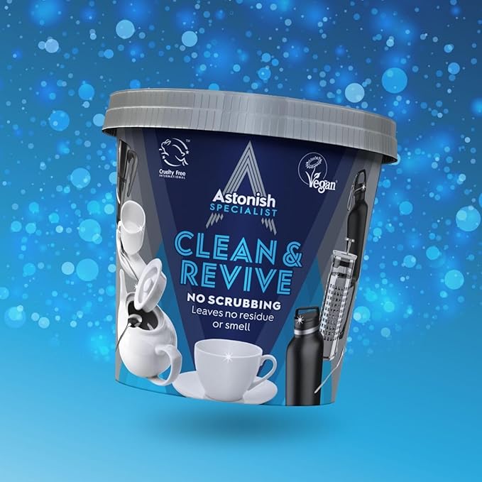 Descaling Foaming Powder | Tea & Coffee Mugs, Pots, Kettles & Stainless Steel | Dissolves Limescale & Eliminates Stains | Astonish Clean & Revive (Pack of 2)