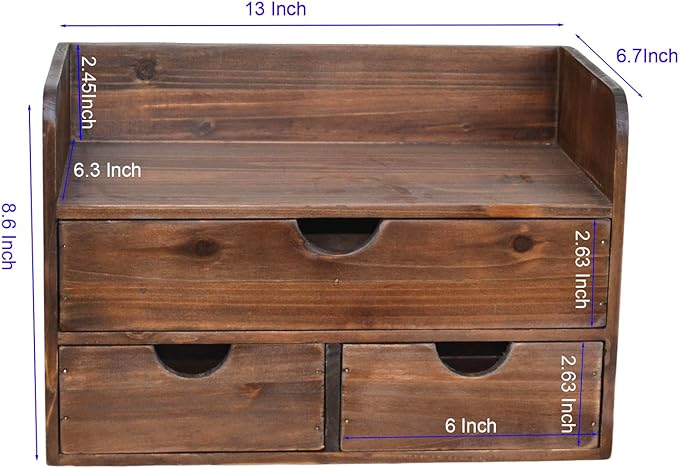 Vintage Rustic Brown Wooden 3 Drawer with Shelf Office Desk Organizer & Mail Rack For Desktop,Box for Office Home makeup holder Toiletries Supplies Vanity, No Assembly Required (Brown)