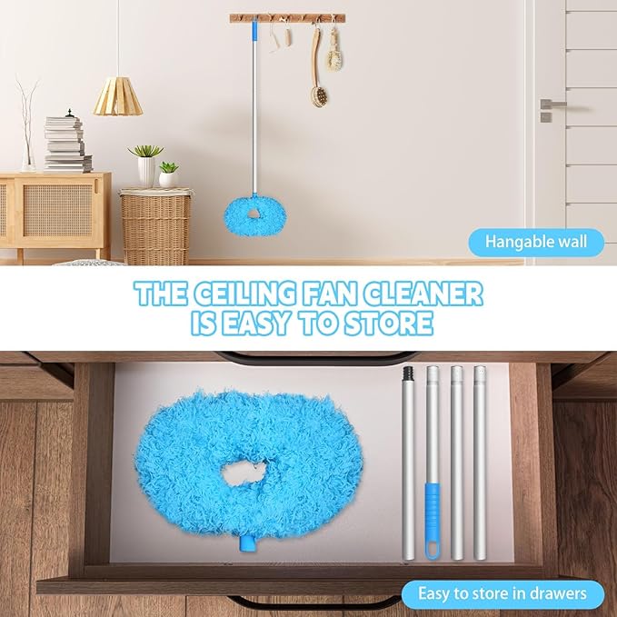 Eunice 2Pack Ceiling Fan Duster with Extension Pole, 13-49.7 Inches Adjustable and Removable Fan Cleaner Blade for High Ceiling, Window Door Furniture (Blue)