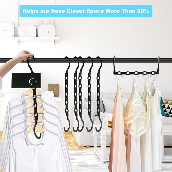 DUCOO Space Saving Hangers 10 Pack, Heavy Duty Magic Cascading Hanger Organizer with 5 Enclosed Anti-Slip Holes, Closet Organizers and Storage for Clothes, College Dorm Room Essentials, Black